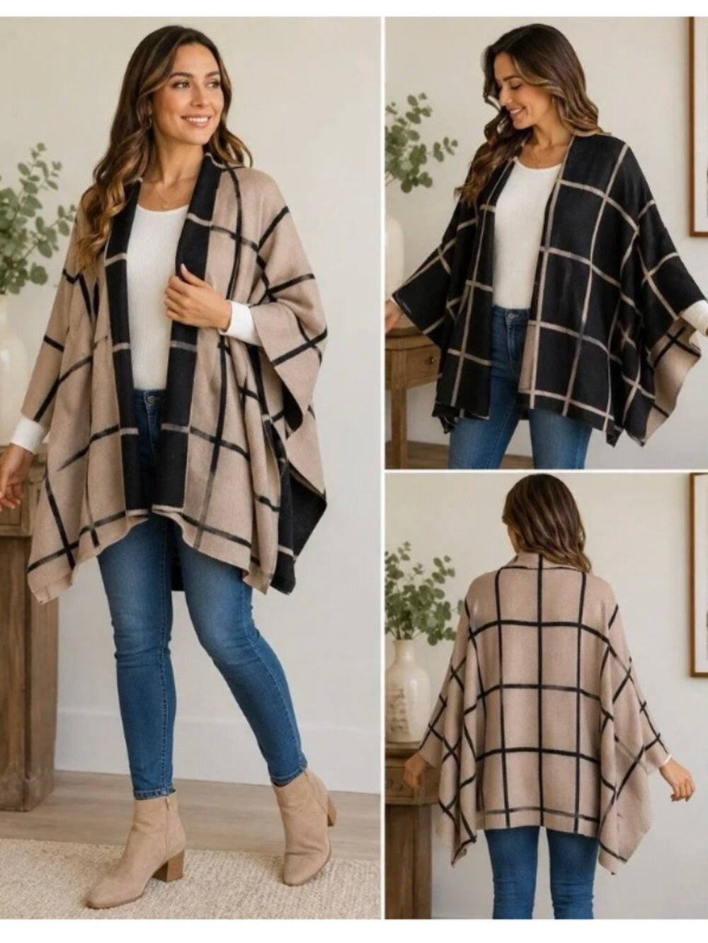 Poncho Sweater Wrap Overcoat Reversible Black Beige Modern Fall Drapey Layer NEW